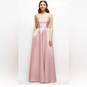 Elegant Blush Pink Satin Maxi Dress with Square Neck